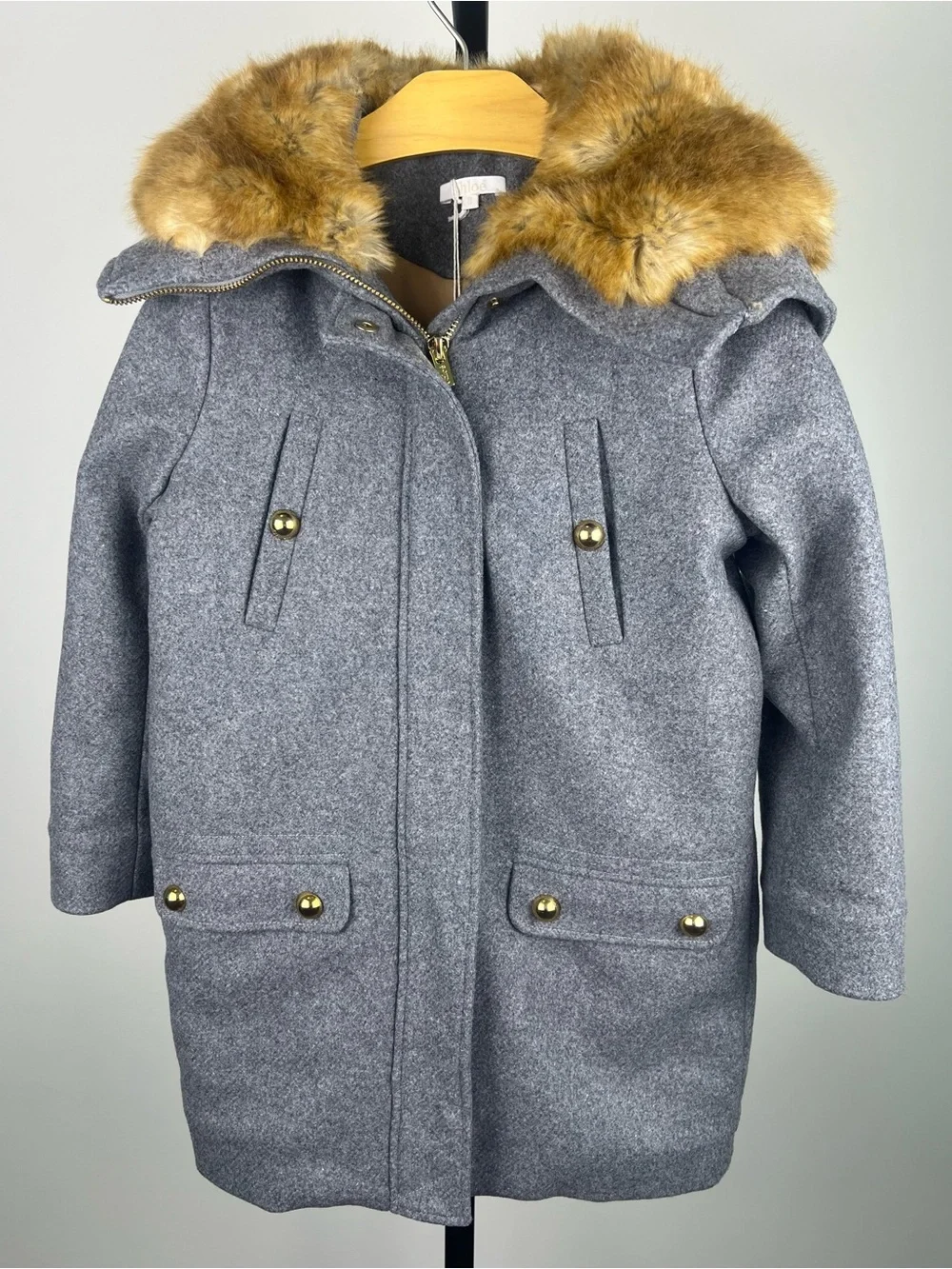 Chloé Girls Wool Fur Hooded Coat/Jacket, Gray, Size 8